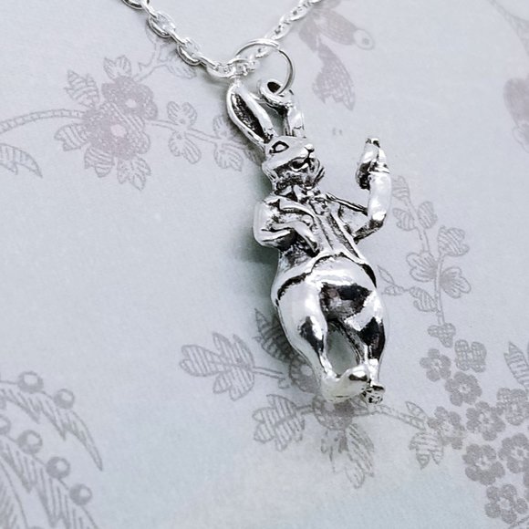 Alice in Wonderland 3D Rabbit Mad Hatter Silver Necklace - Picture 3 of 3